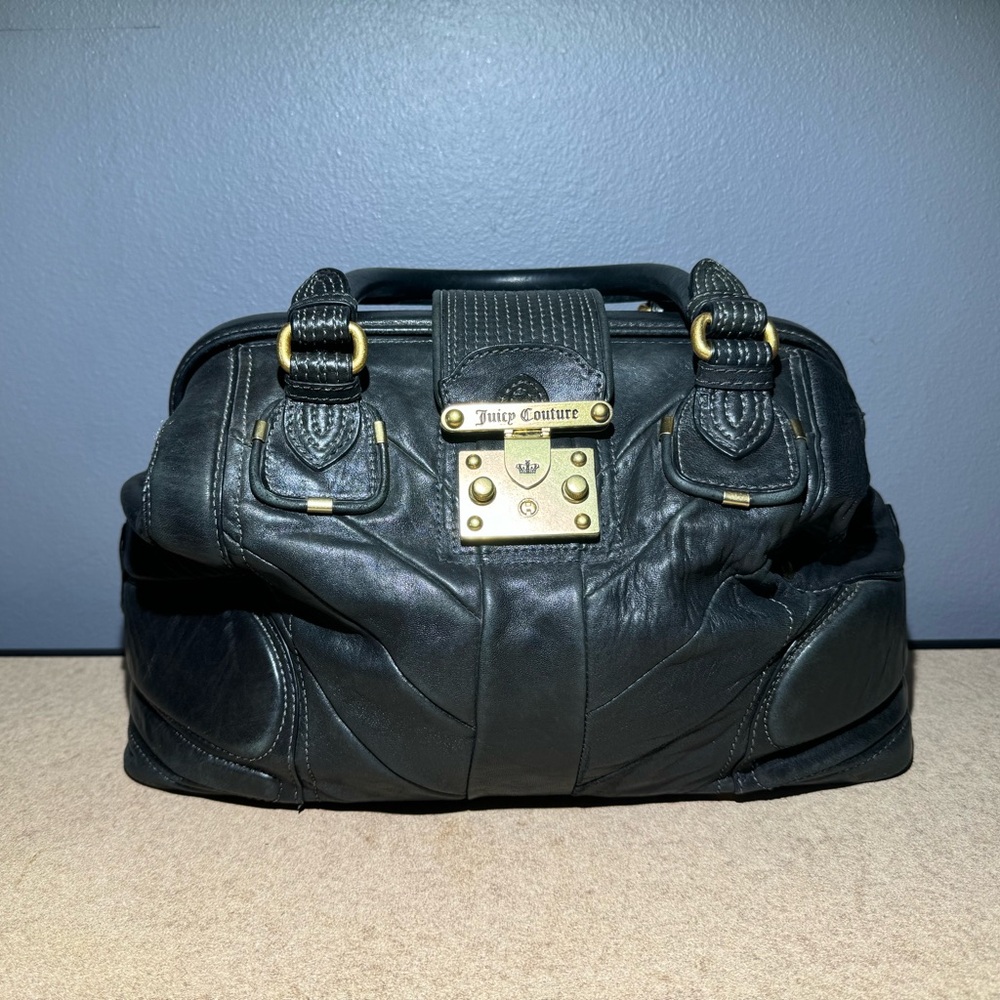 Vintage Large Juicy Couture Black Leather Lock Crush Doctor Bag Satchel